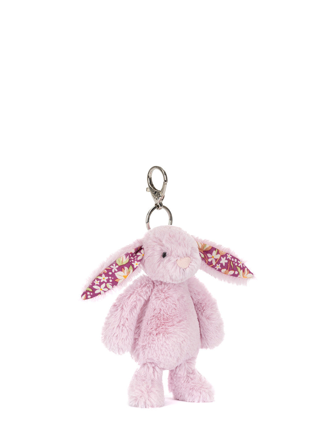 Pink bunny keychain with glittery details on a white background