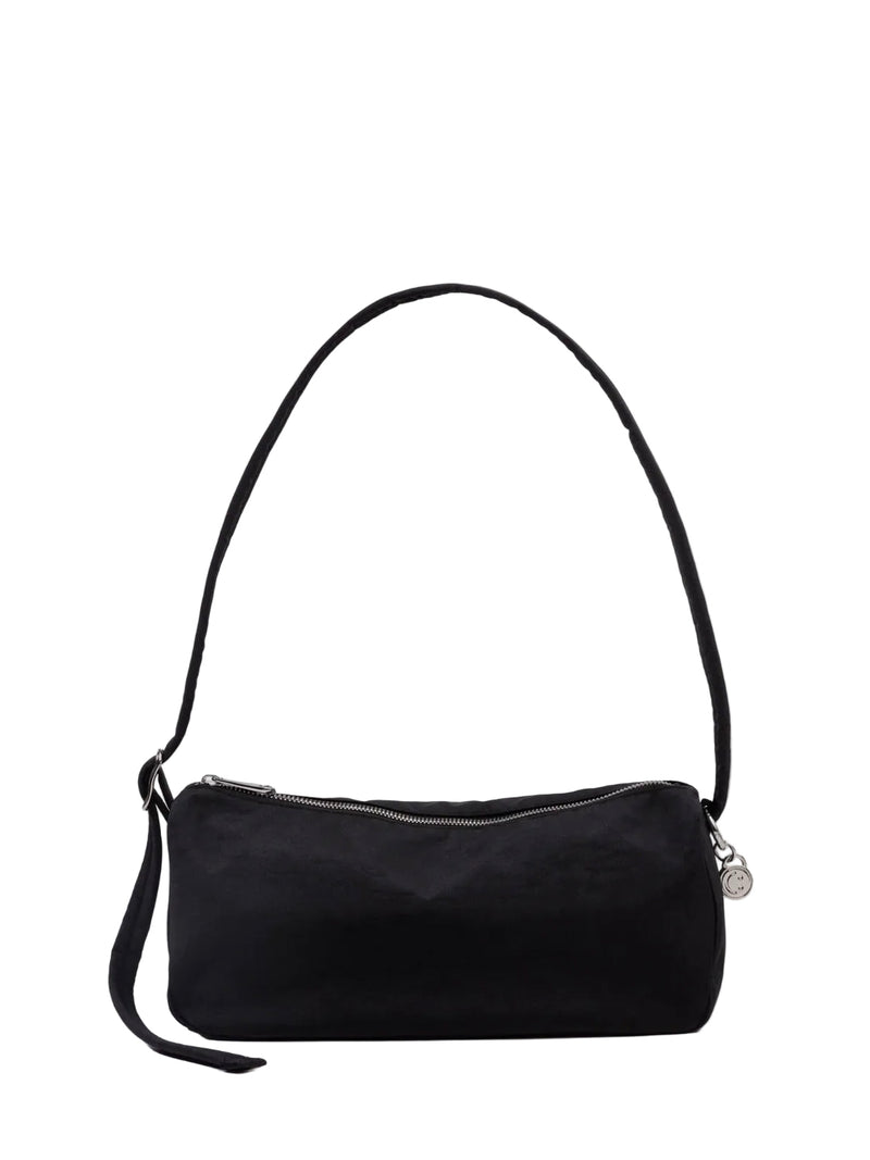 Black handbag with a strap on a white background