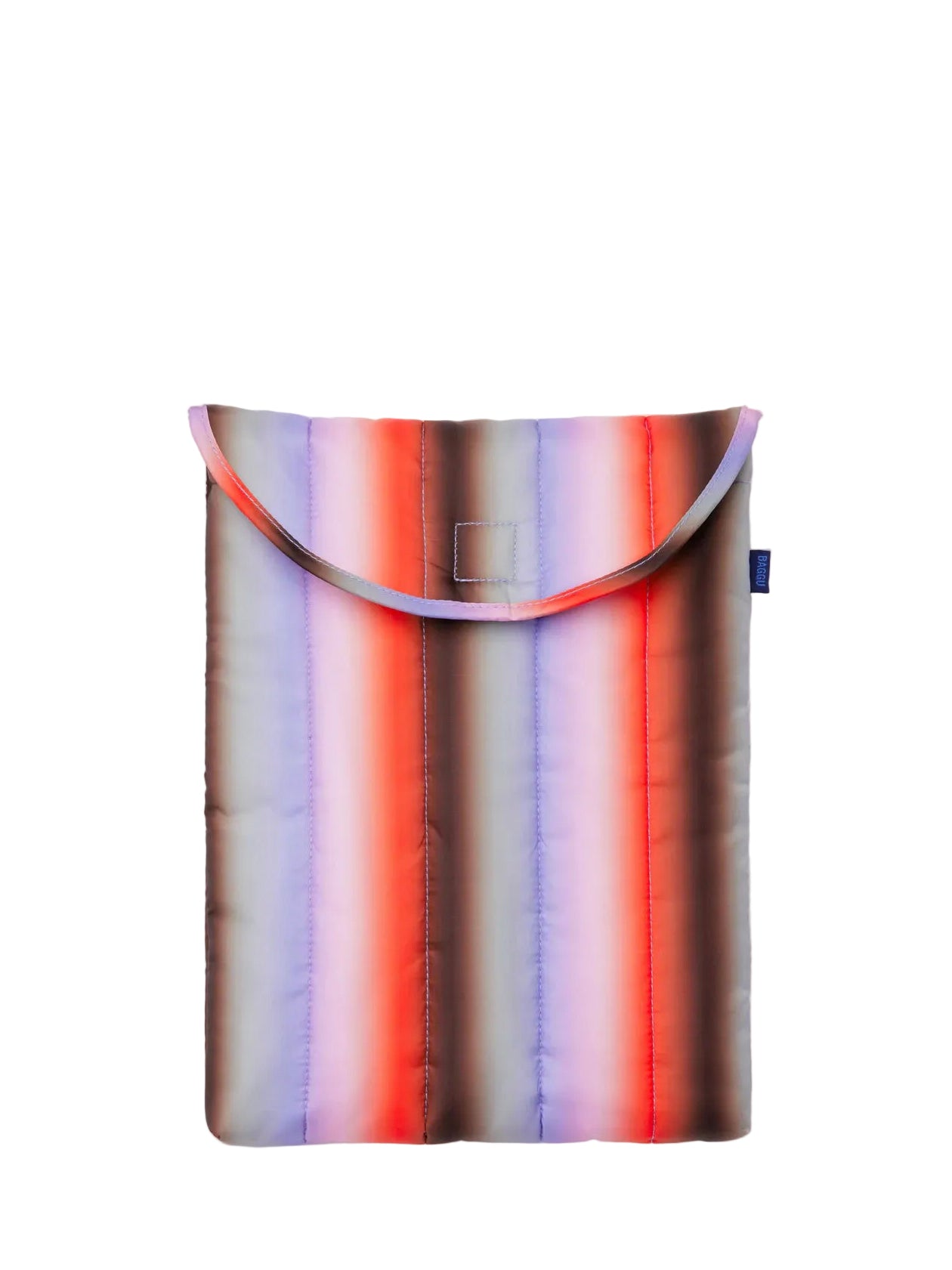 Colorful striped pouch with a brand logo on a white background