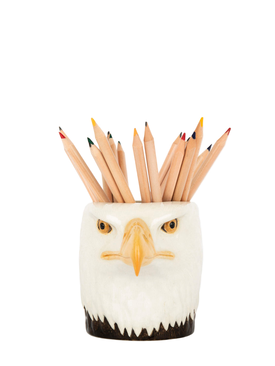Eagle-shaped pencil holder with pencils on a white background