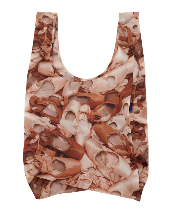 Reusable bag with ballet shoe pattern on a white background