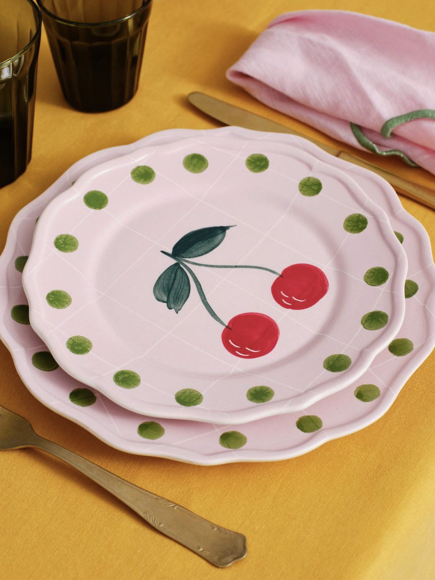 Cherries salad plate, pink with green dots