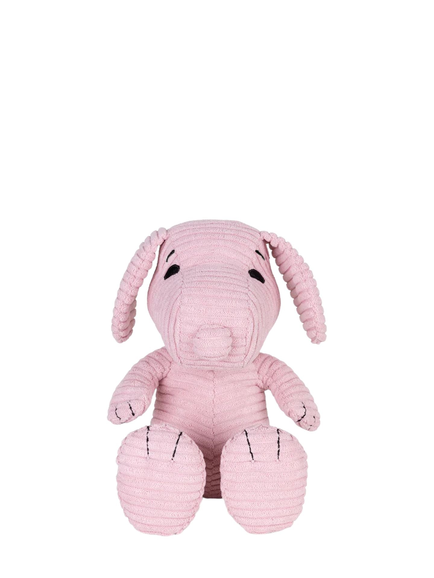 Pink plush Snoopy dog toy on a white background