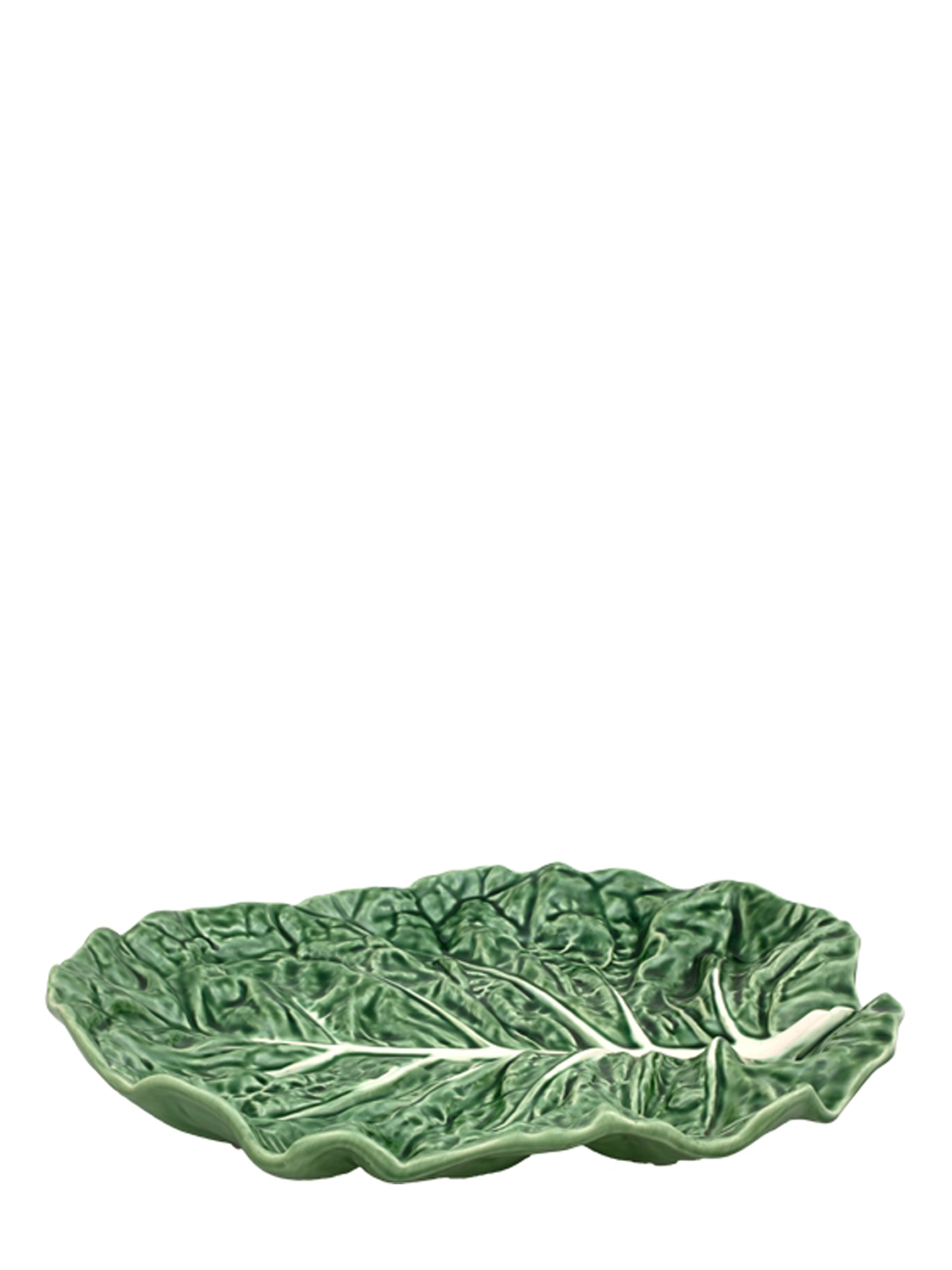 A large, flat, green earthenware serving bowl with leaf patterns, part of the Cabbage Collection.
