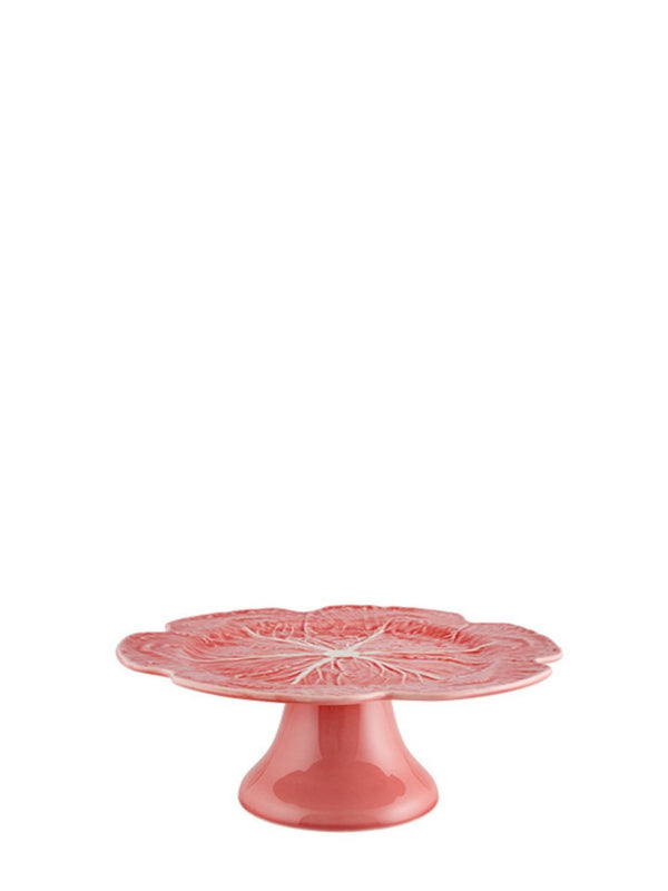 Pink ceramic cabbage cake stand on a white background