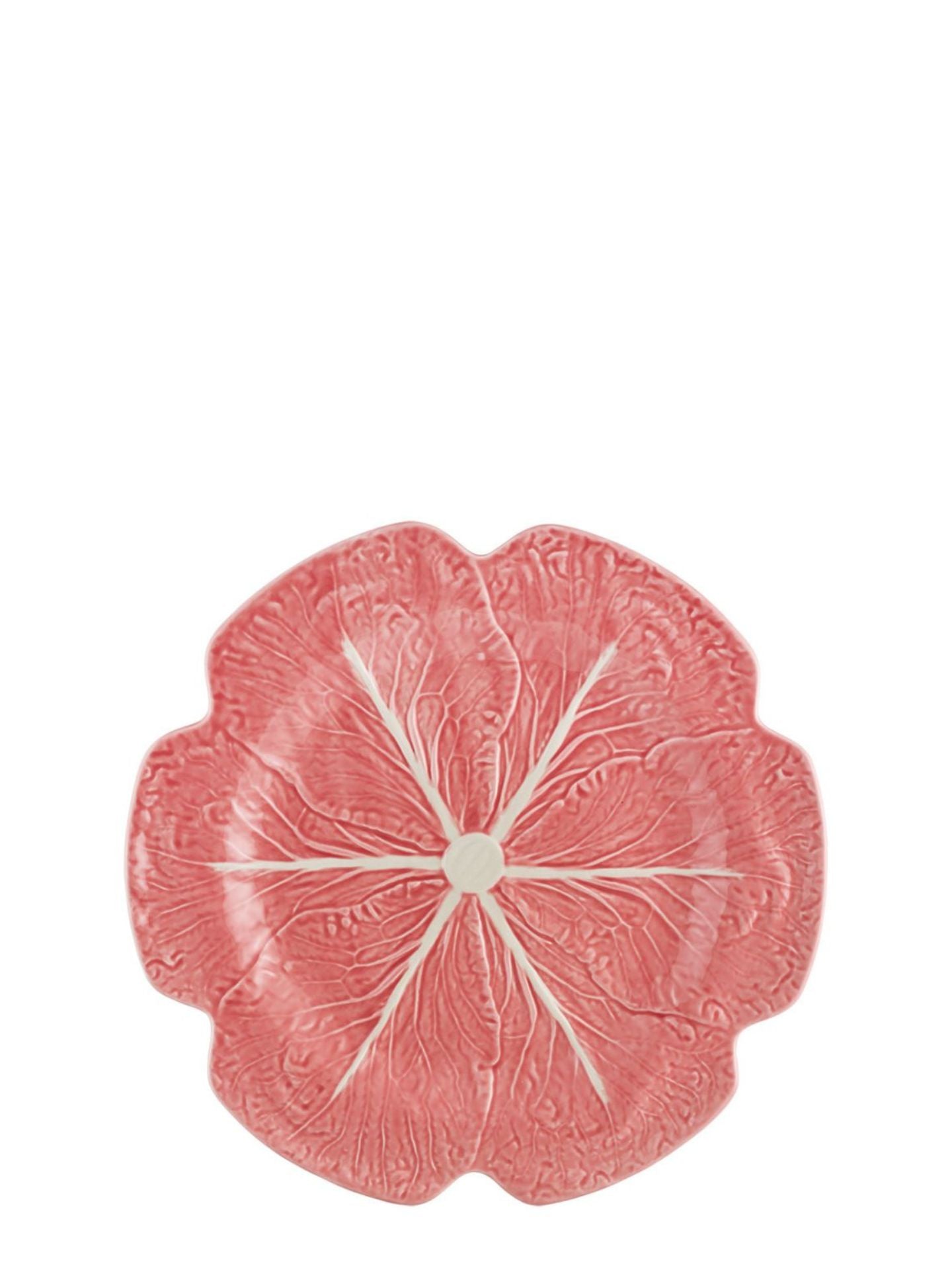 Pink ceramic plate with leaf design on a white background