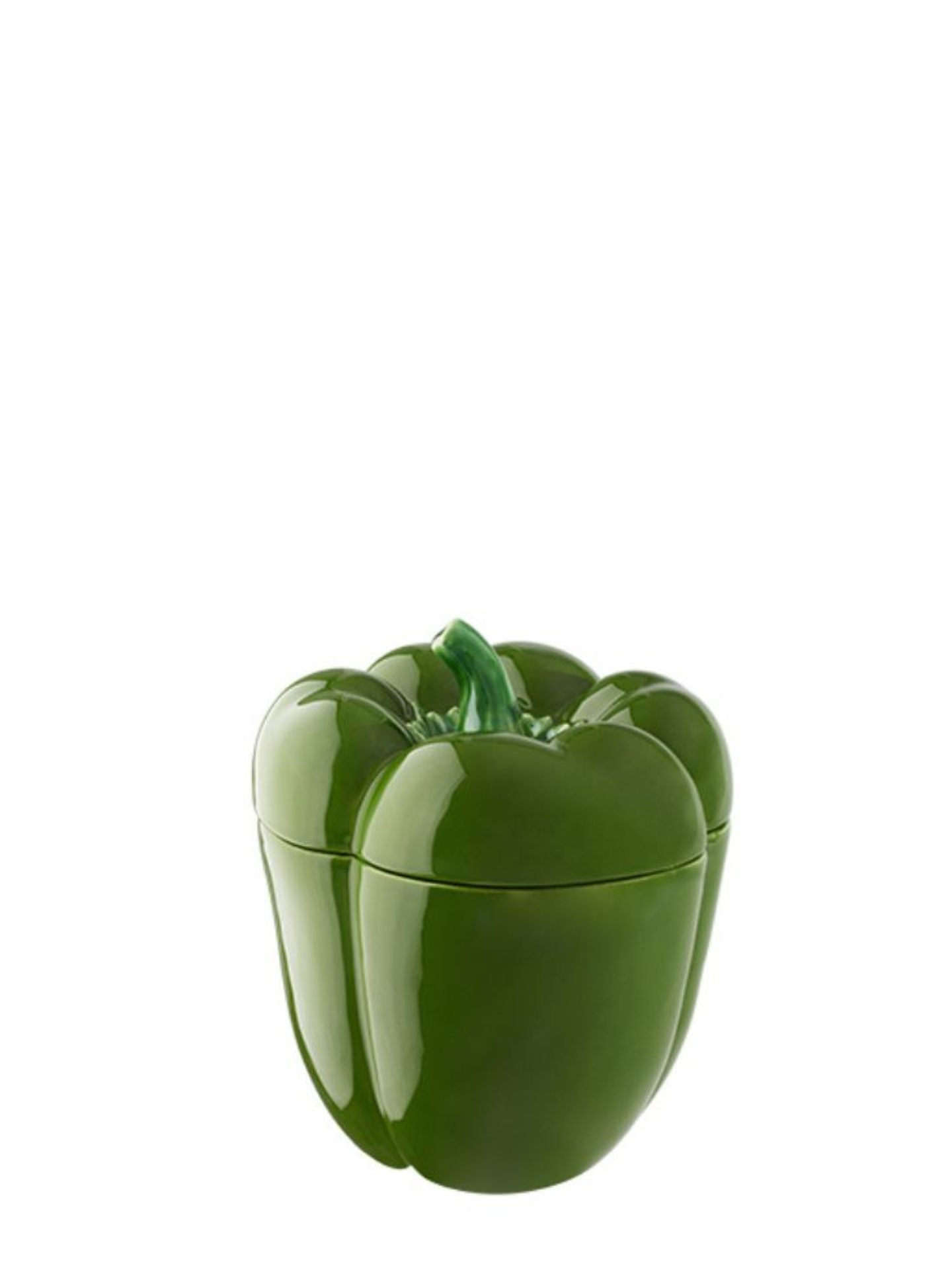 Green plastic pepper-shaped container on a white background