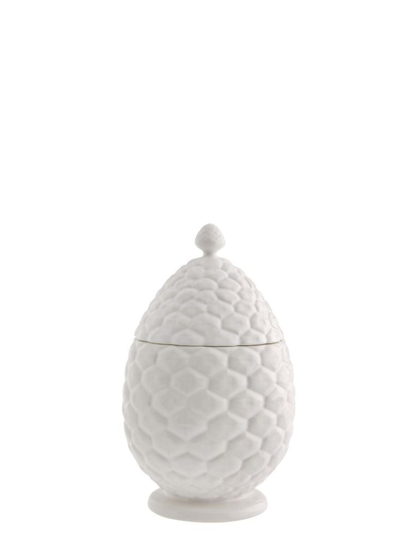 White textured ceramic jar with lid on a white background