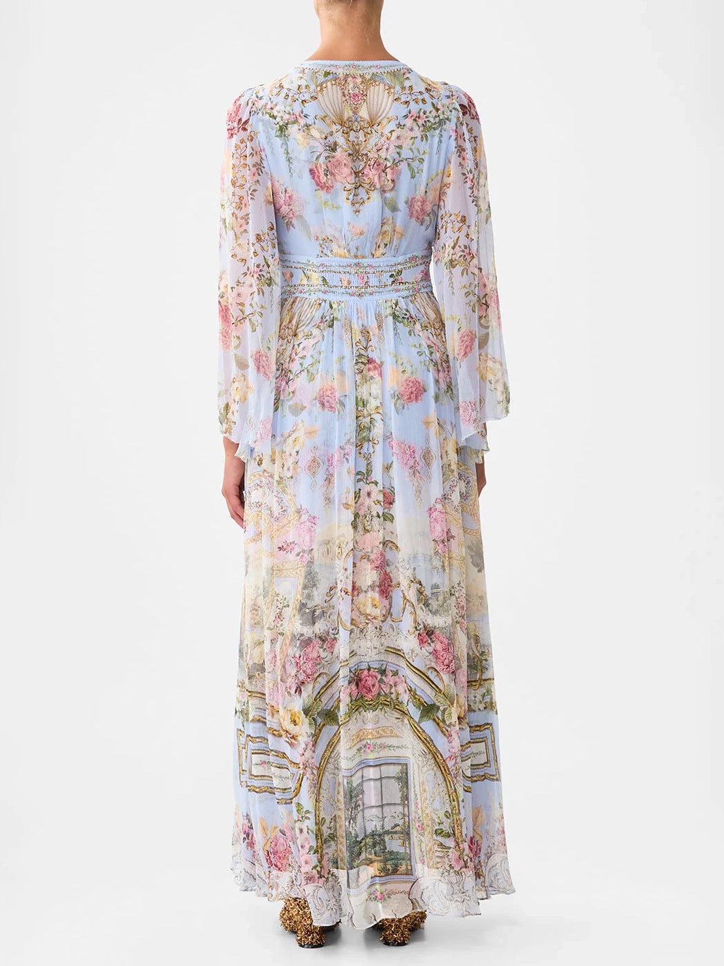 Flared sleeve silk dress, tiled in time print