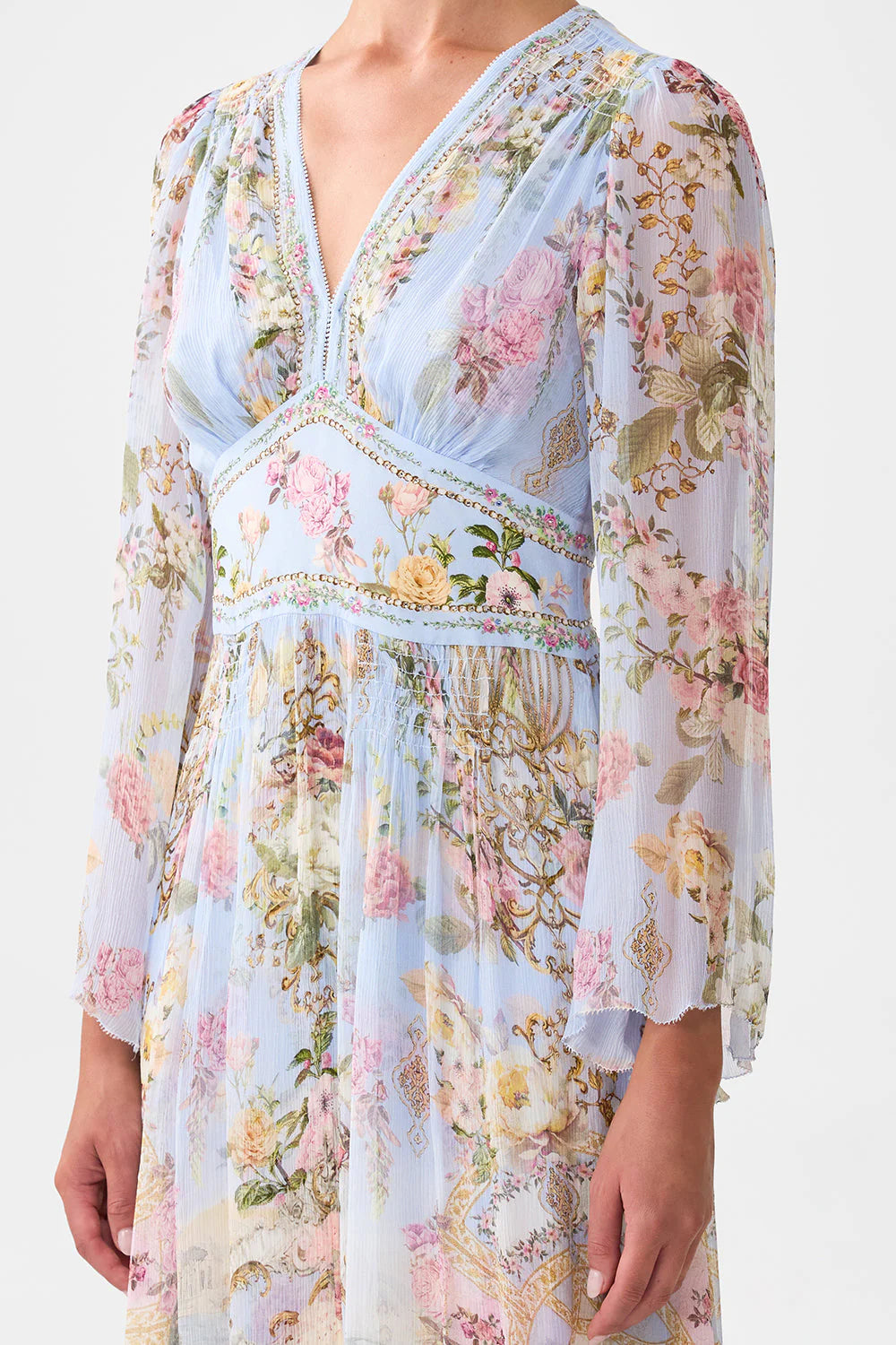 Flared sleeve silk dress, tiled in time print