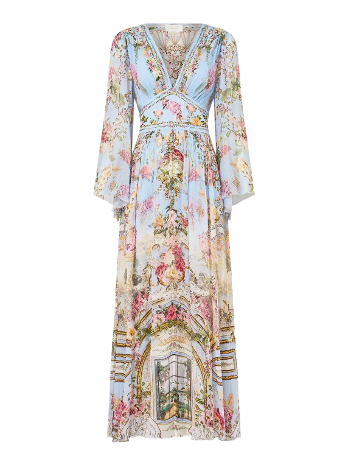 Flared sleeve silk dress, tiled in time print