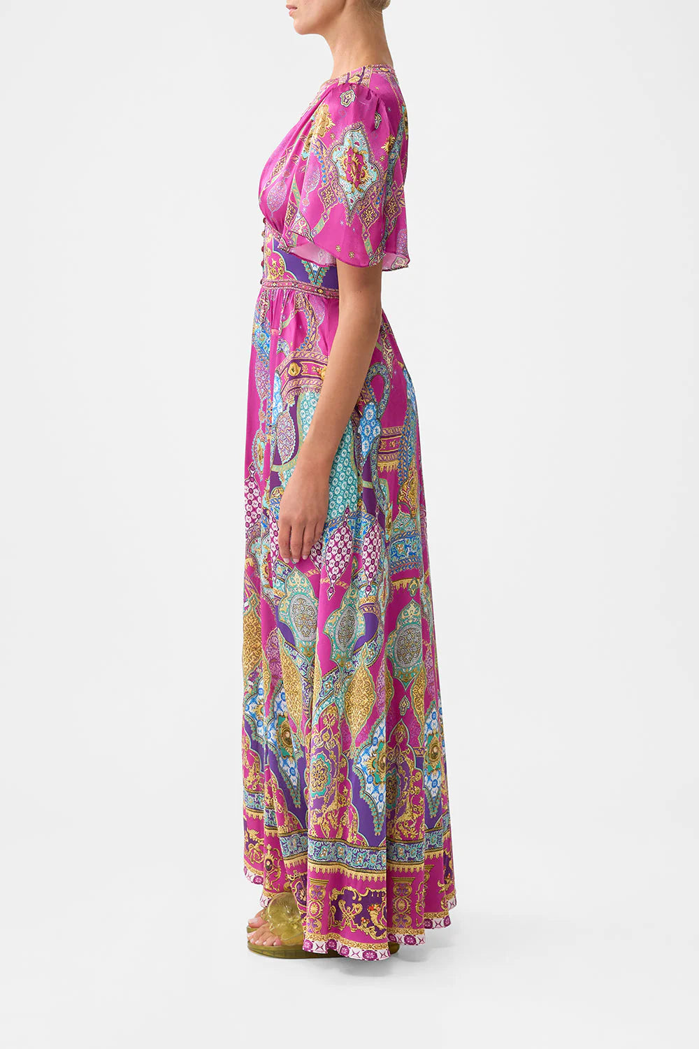 Shaped waistband dress with flutter sleeves