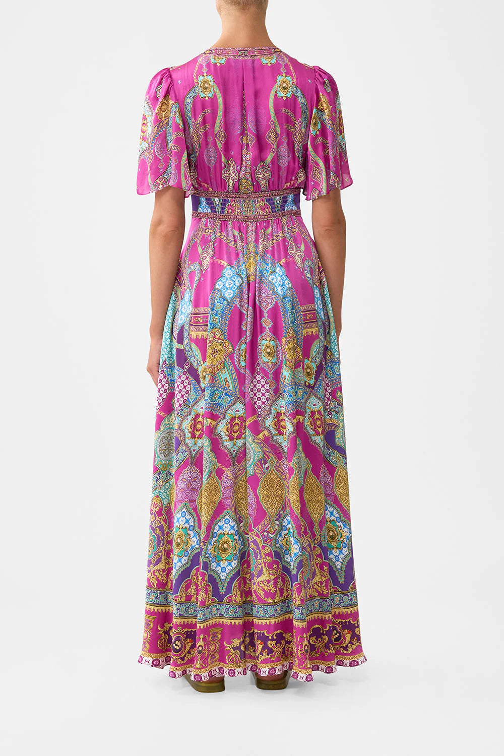 Shaped waistband dress with flutter sleeves
