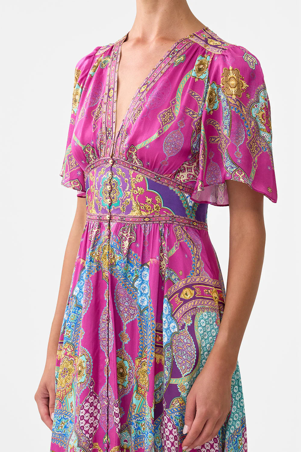 Shaped waistband dress with flutter sleeves