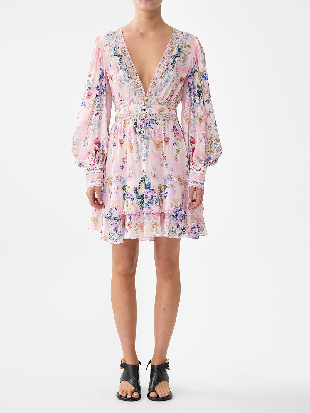 Button front frill silk dress, palatial pastels print