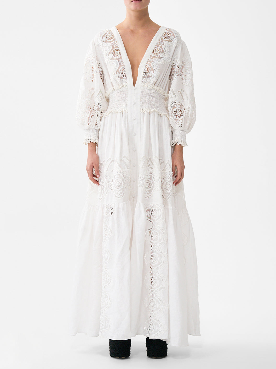 Shirred waistband long dress, white lace