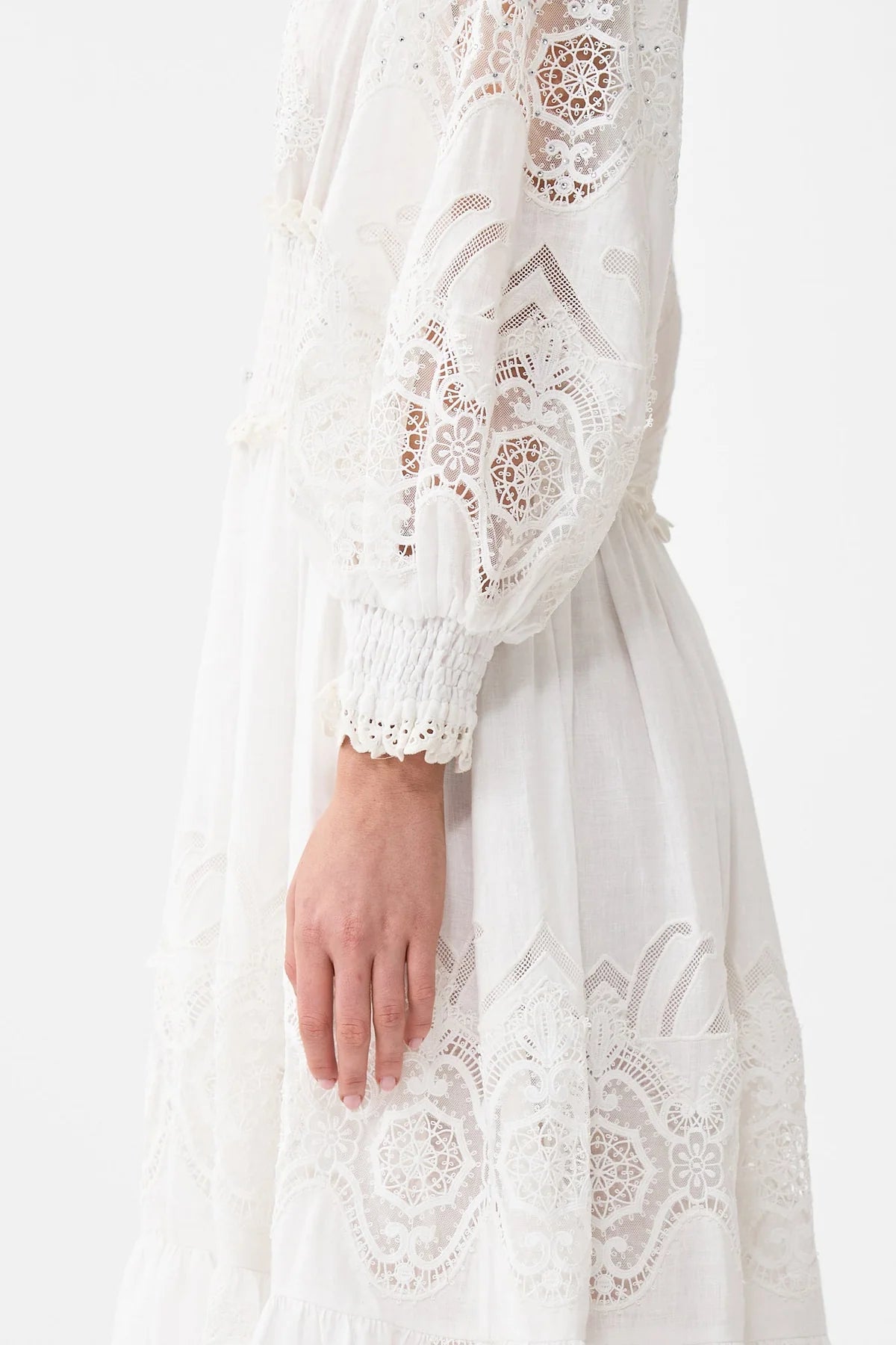 Shirred waistband long dress, white lace