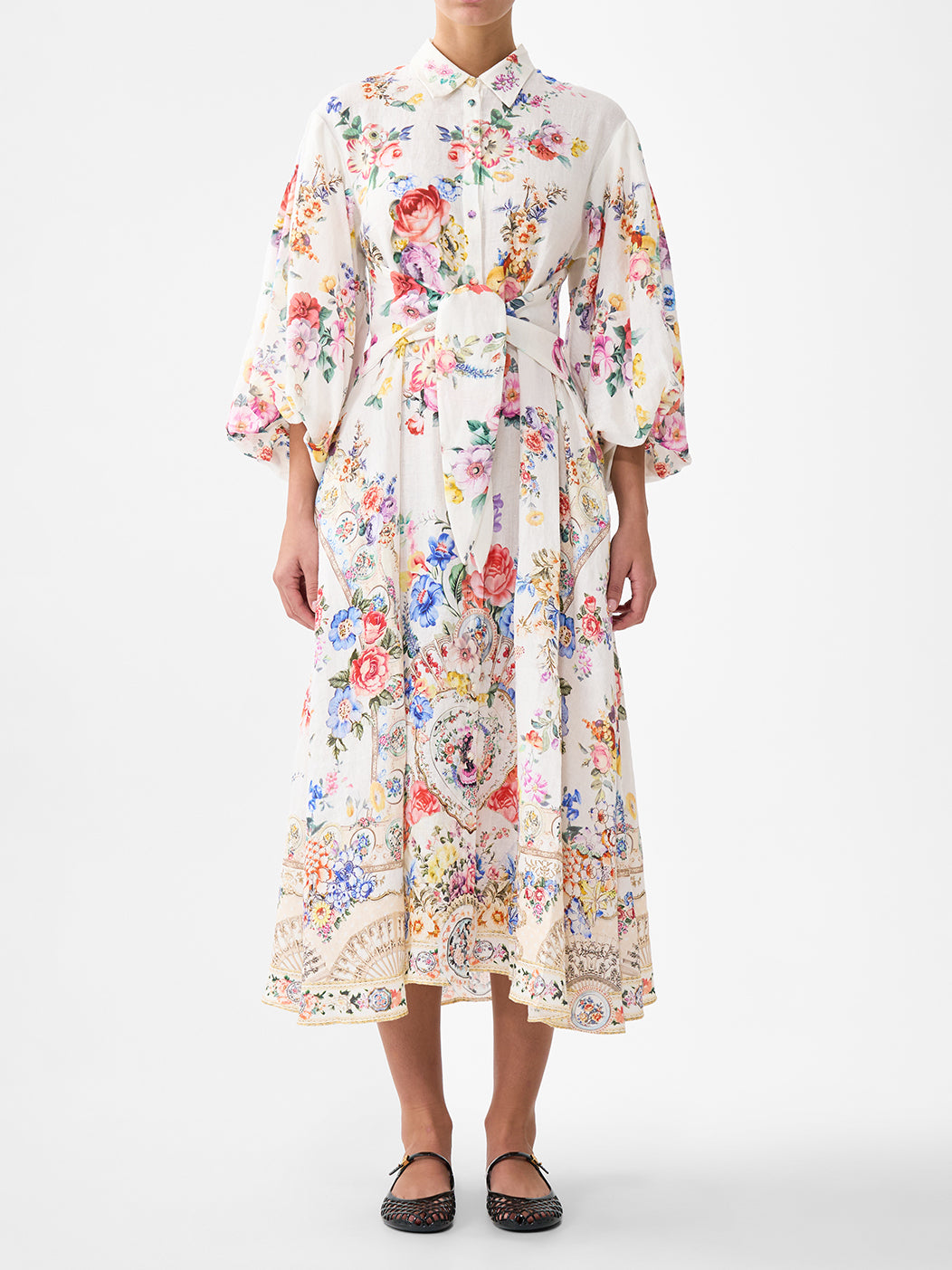 Waist tie dress with bubble sleeve, white-multicolour