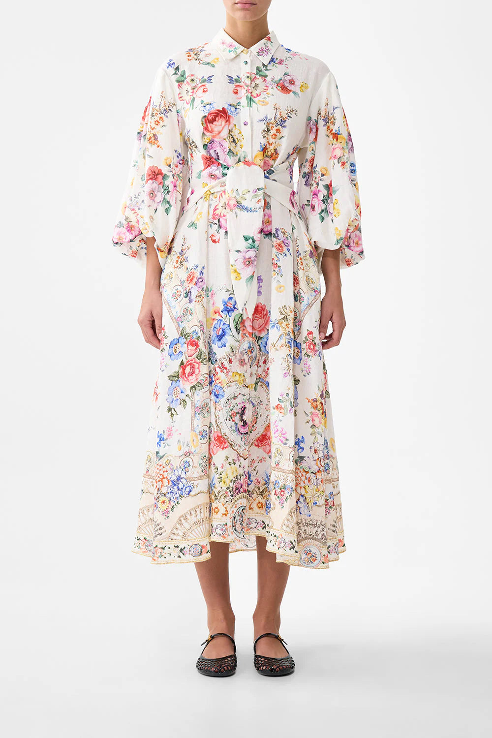 Waist tie dress with bubble sleeve, white-multicolour