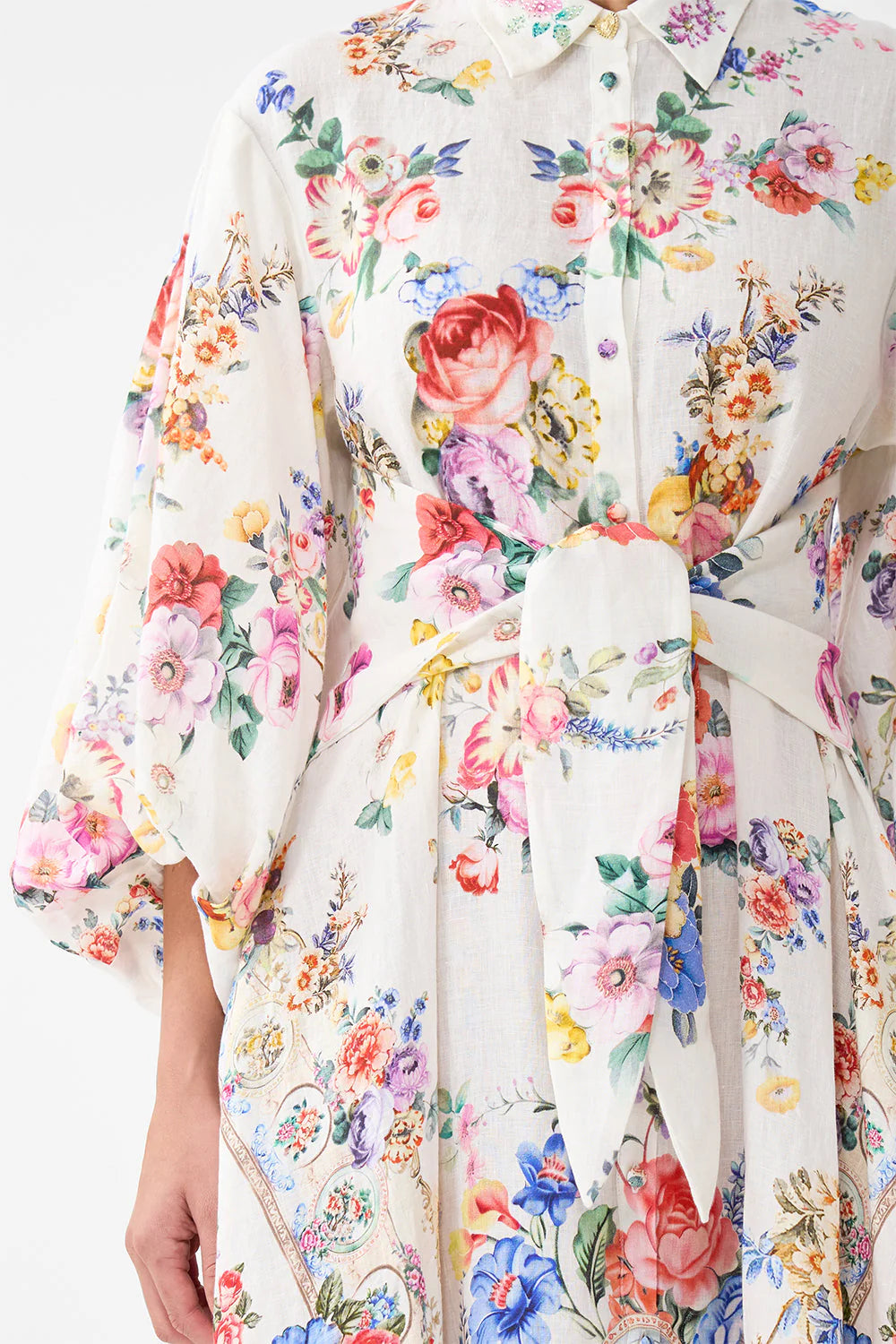 Waist tie dress with bubble sleeve, white-multicolour