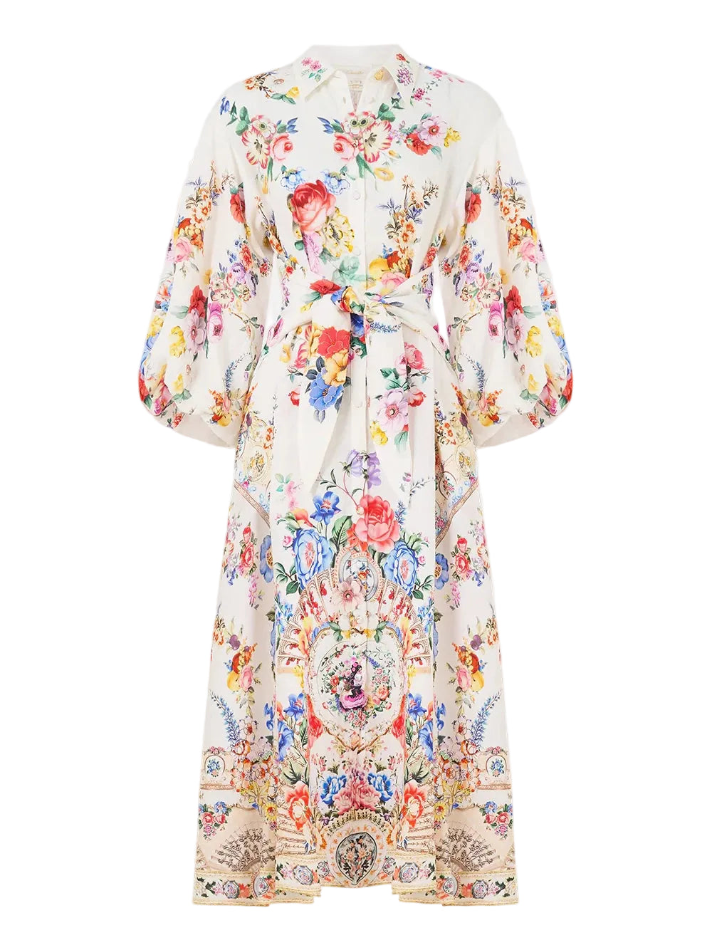 Waist tie dress with bubble sleeve, white-multicolour