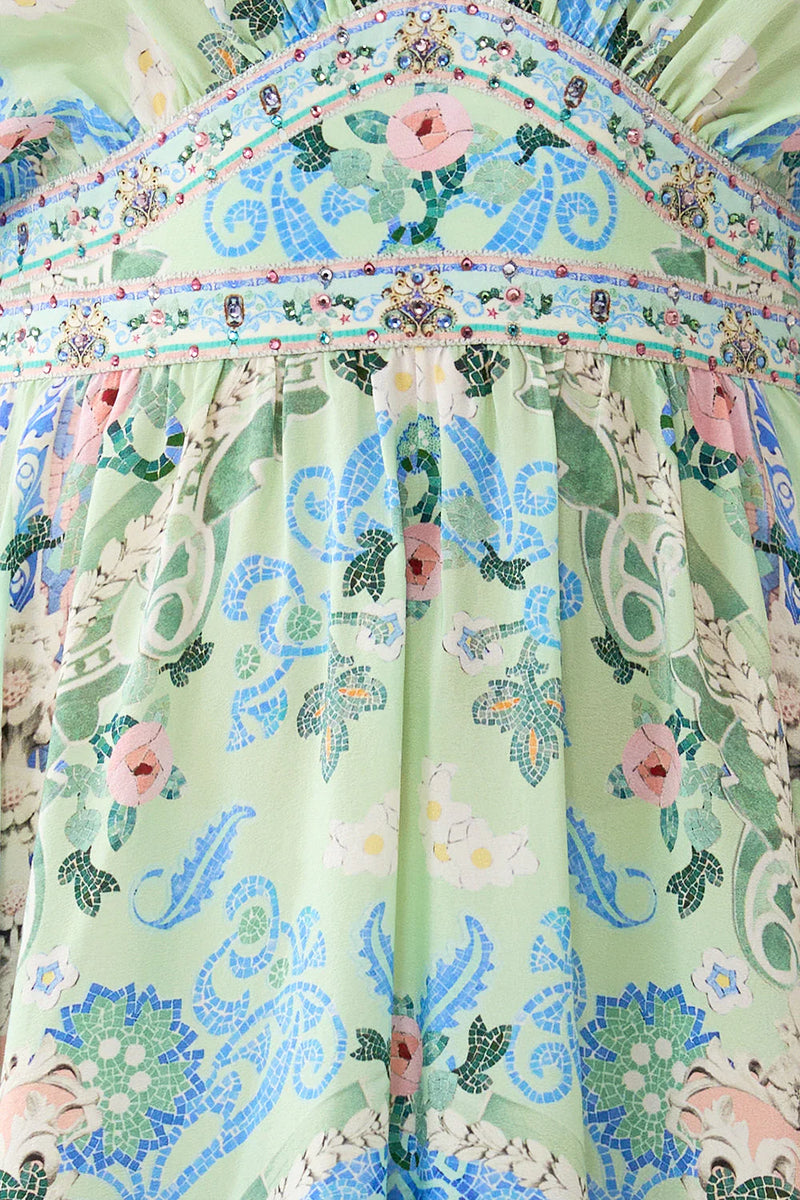 Midsummer mosaics short waisted dress, green-turquoise print