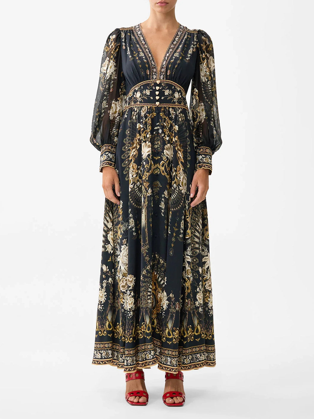 Shaped waistband dress with gathered sleeves, black