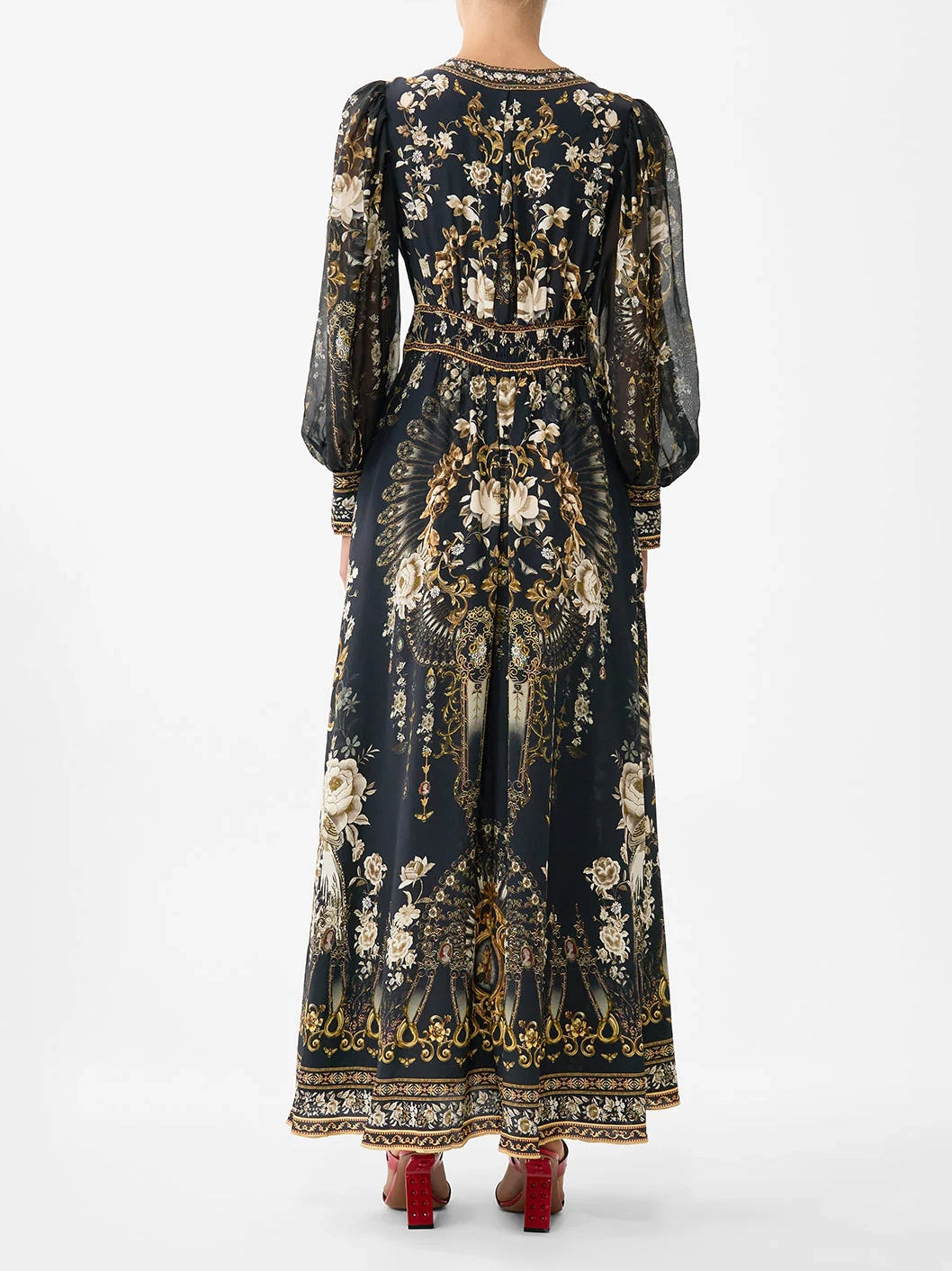 Shaped waistband dress with gathered sleeves, black