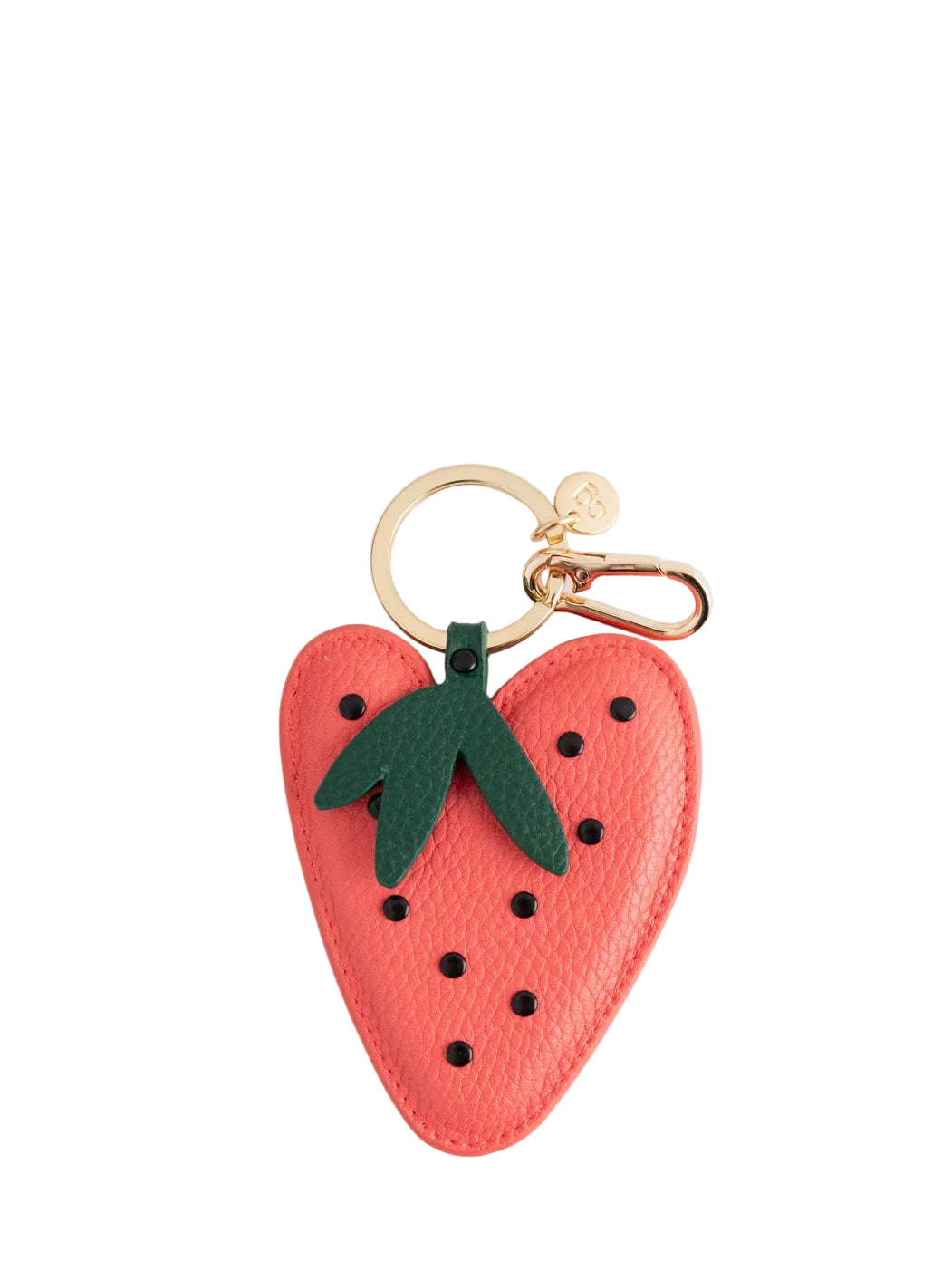 Strawberry-shaped keychain with a gold ring on a white background