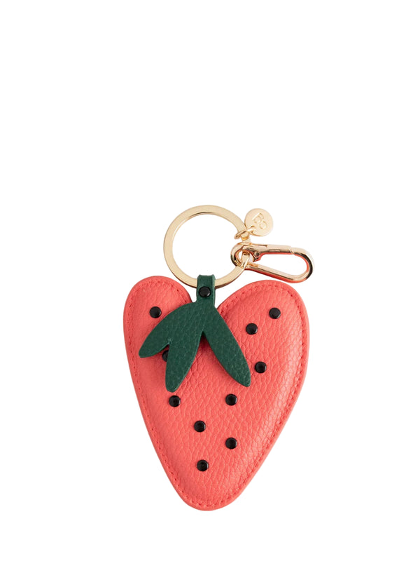 Strawberry-shaped keychain with a gold ring on a white background