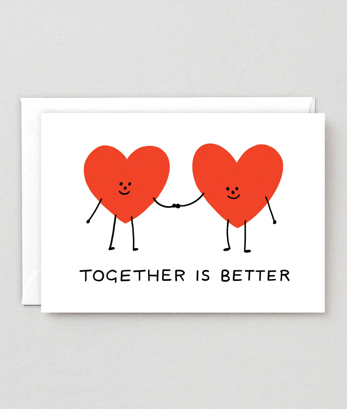 Card with two red hearts holding hands and the text 'Together is Better' on a white background.
