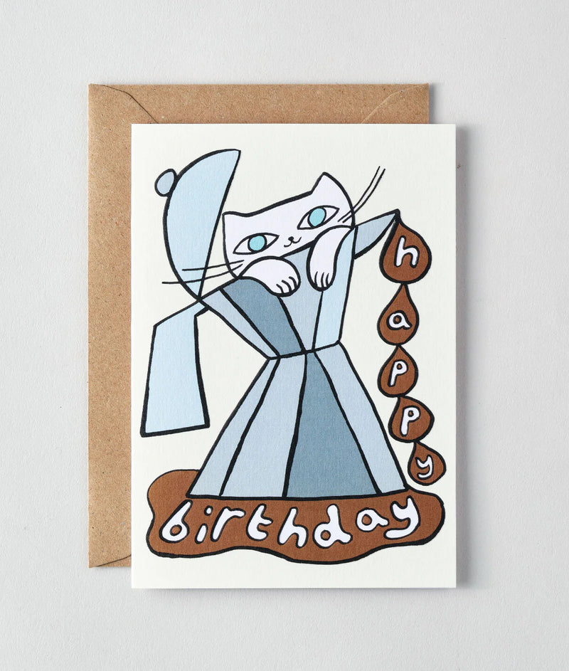 Birthday card with a cat illustration and 'Happy Birthday' text on a white background.