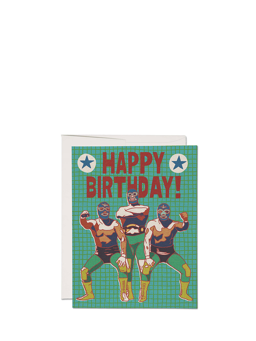 Birthday card with three superhero figures on a green checkered background