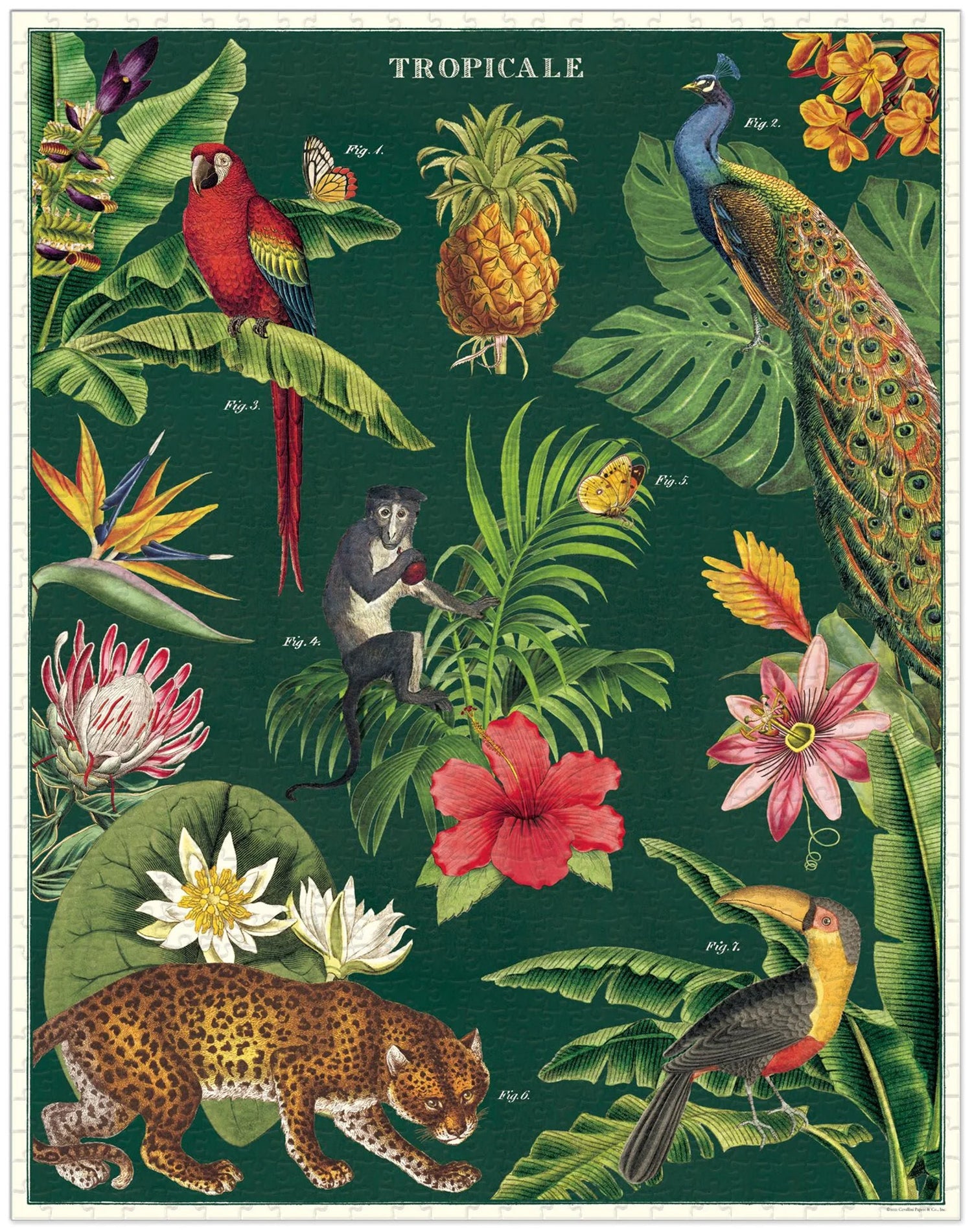 The ready puzzle and the poster show a striking collection of tropic's flora & fauna, including a leopard stalking under the leaves of green.