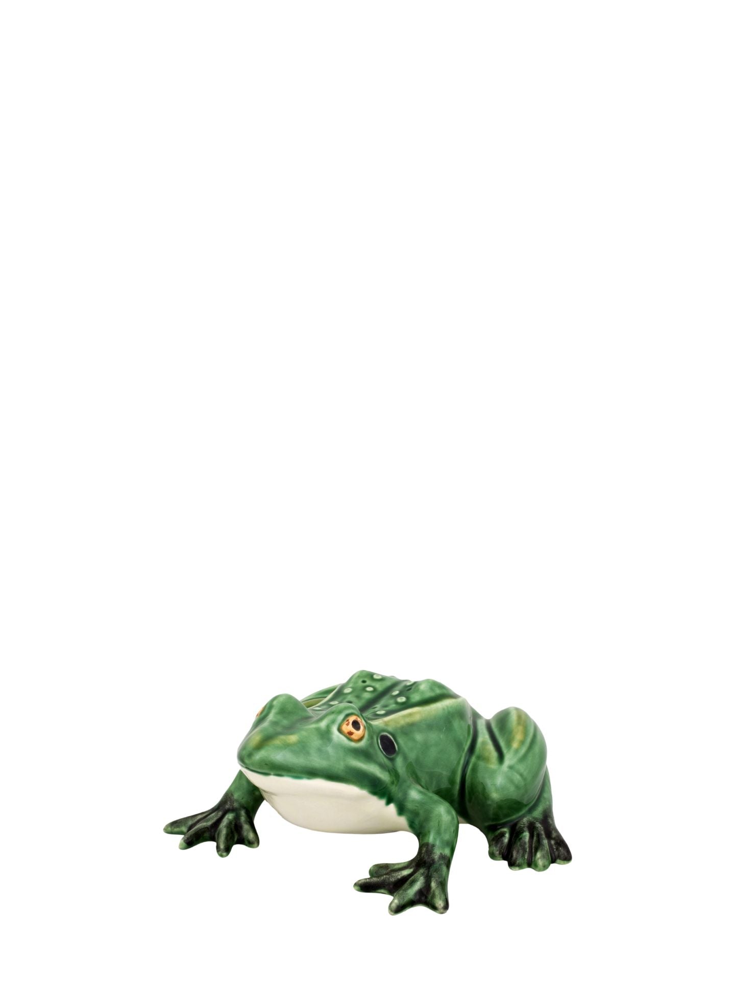 Green frog figurine on a white background