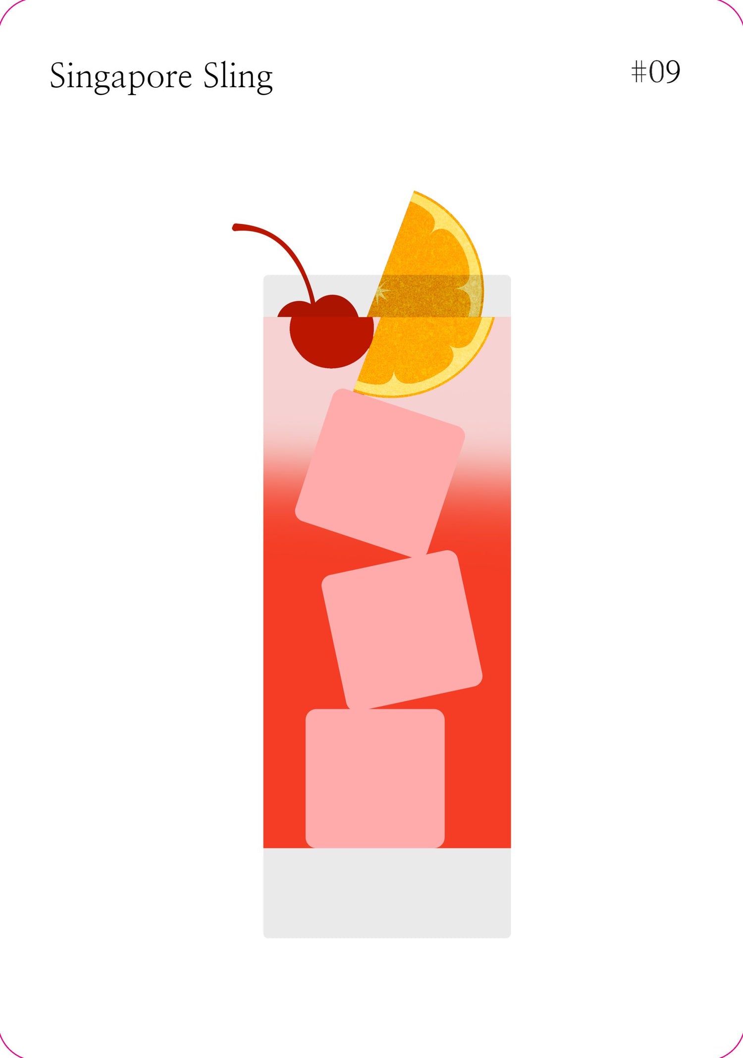 Illustration of a Singapore Sling cocktail with a cherry and orange slice on a white background.