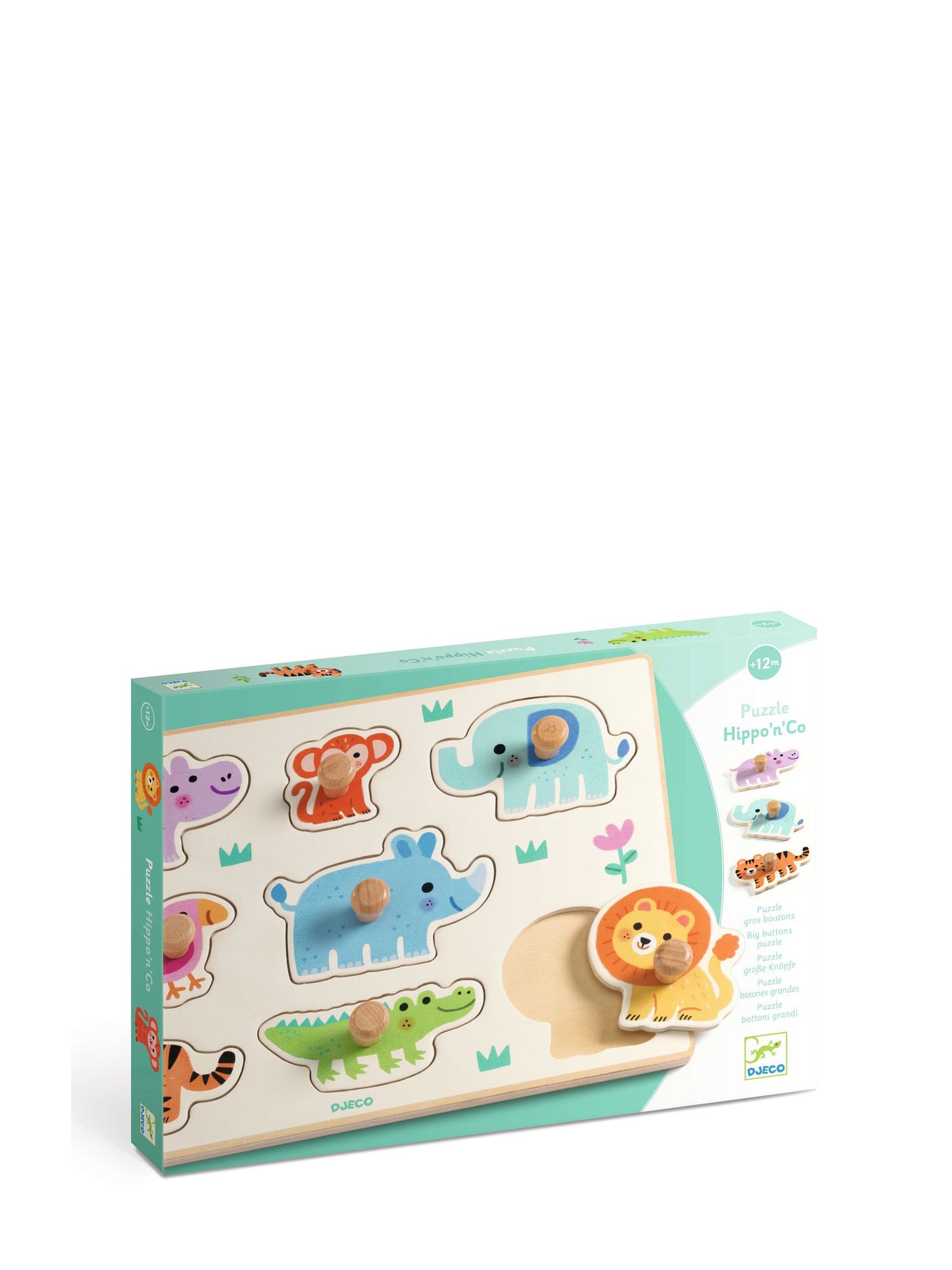 Wooden puzzle with animal figures in a box on a white background