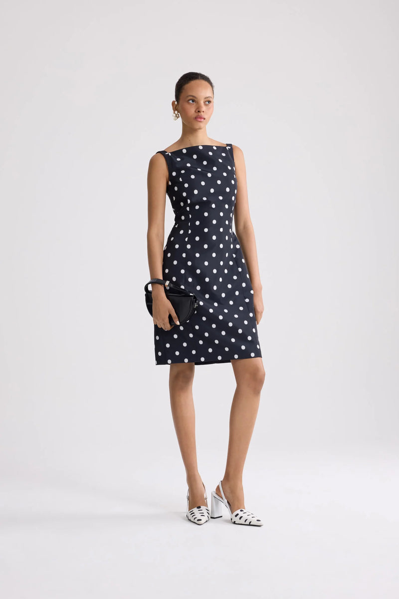 Polkadot pencil midi dress, meteorite blue