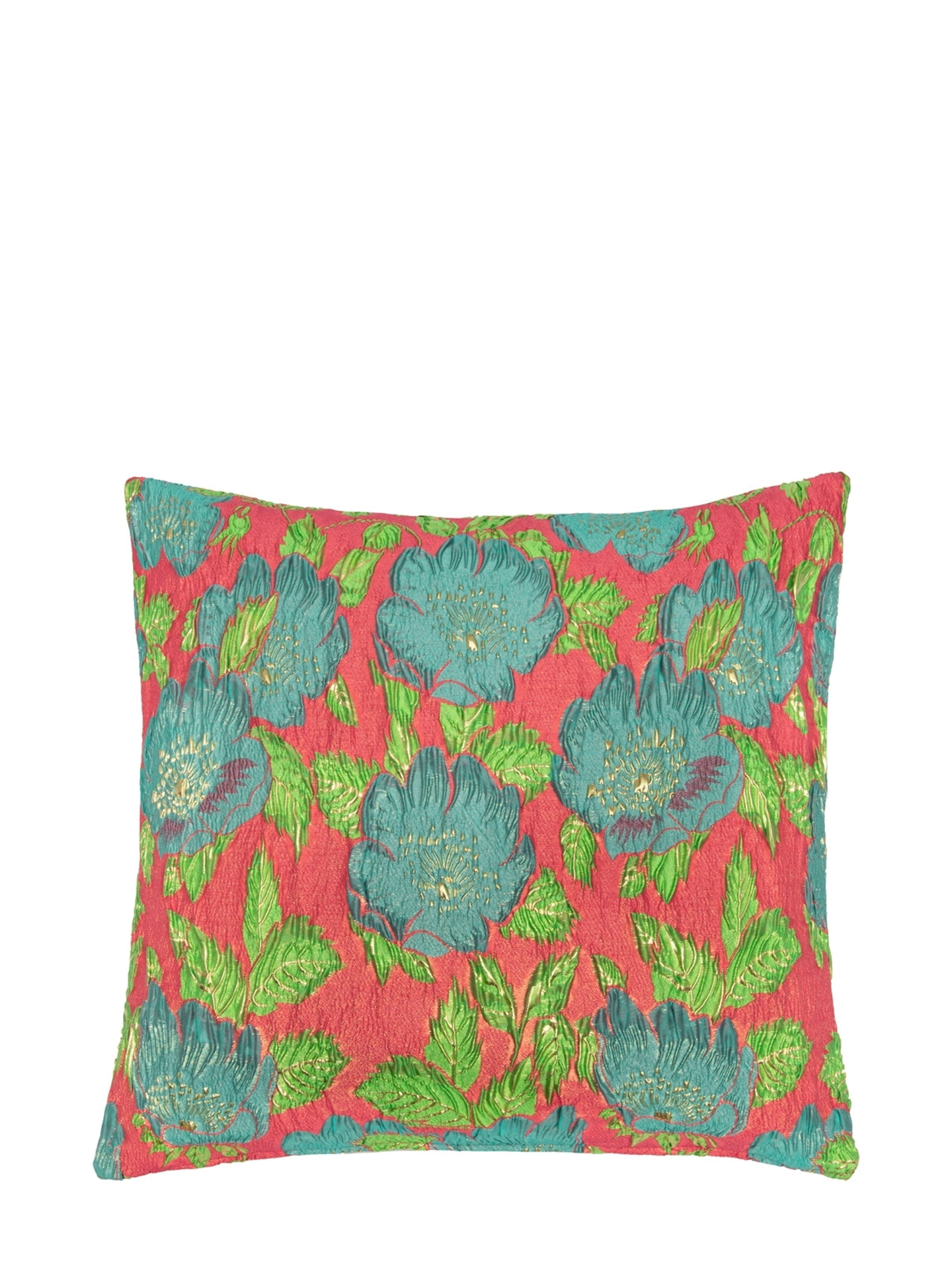 Aqua, teal, green & coral floral cushion