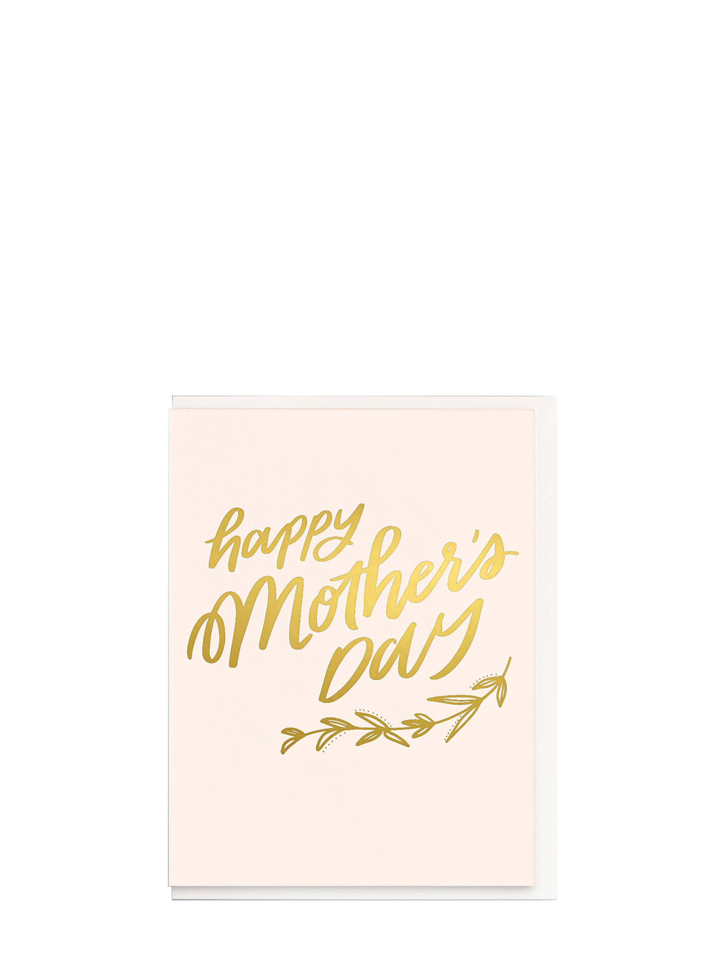 A greeting card with 'Happy Mother's Day' written in golden lettering on a pastel pink background, with a matching envelope.