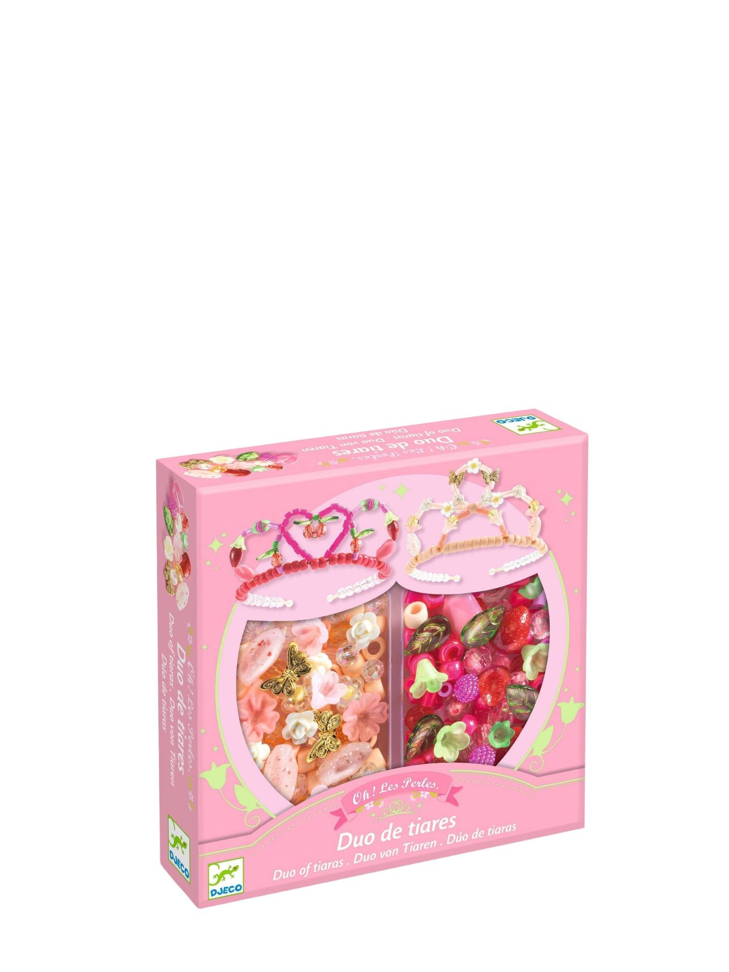 Pink packaging of a jewelry set with heart design on a white background