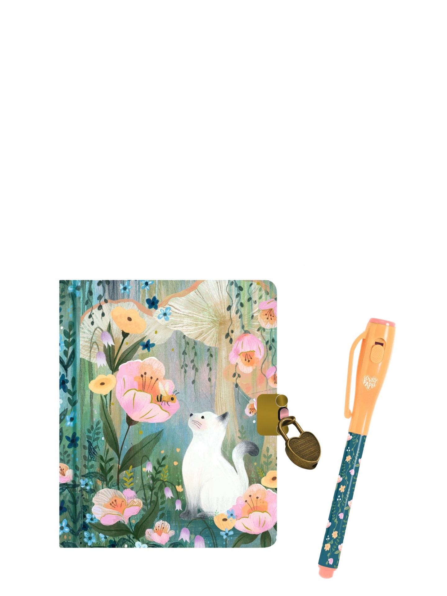 Notebook with a floral and animal design, pen, and lock on a white background