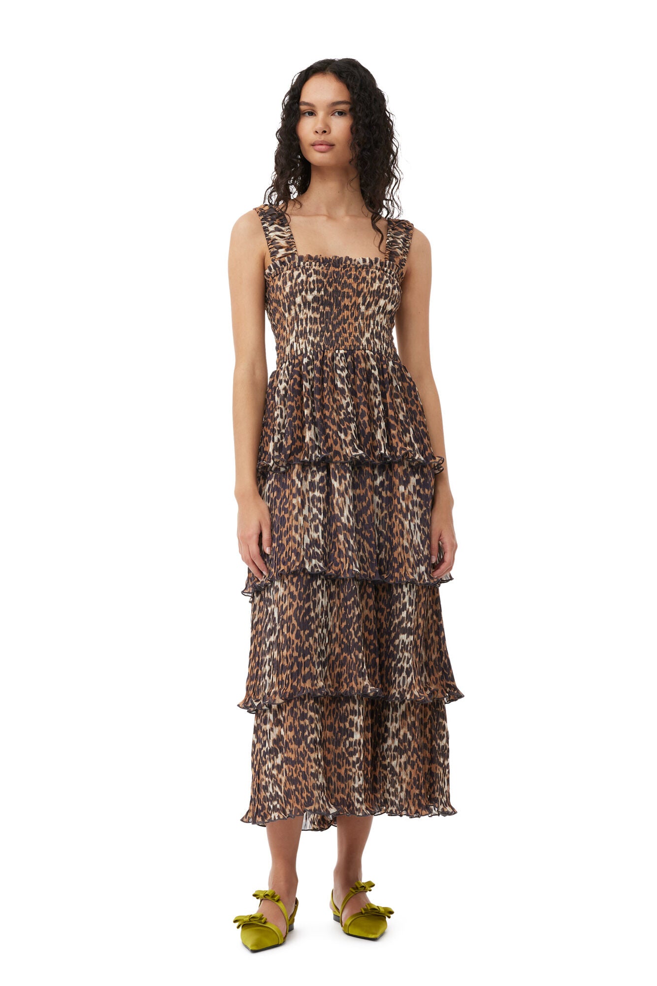 Pleated Georgette Flounce Smock Midi Dress, leopard print