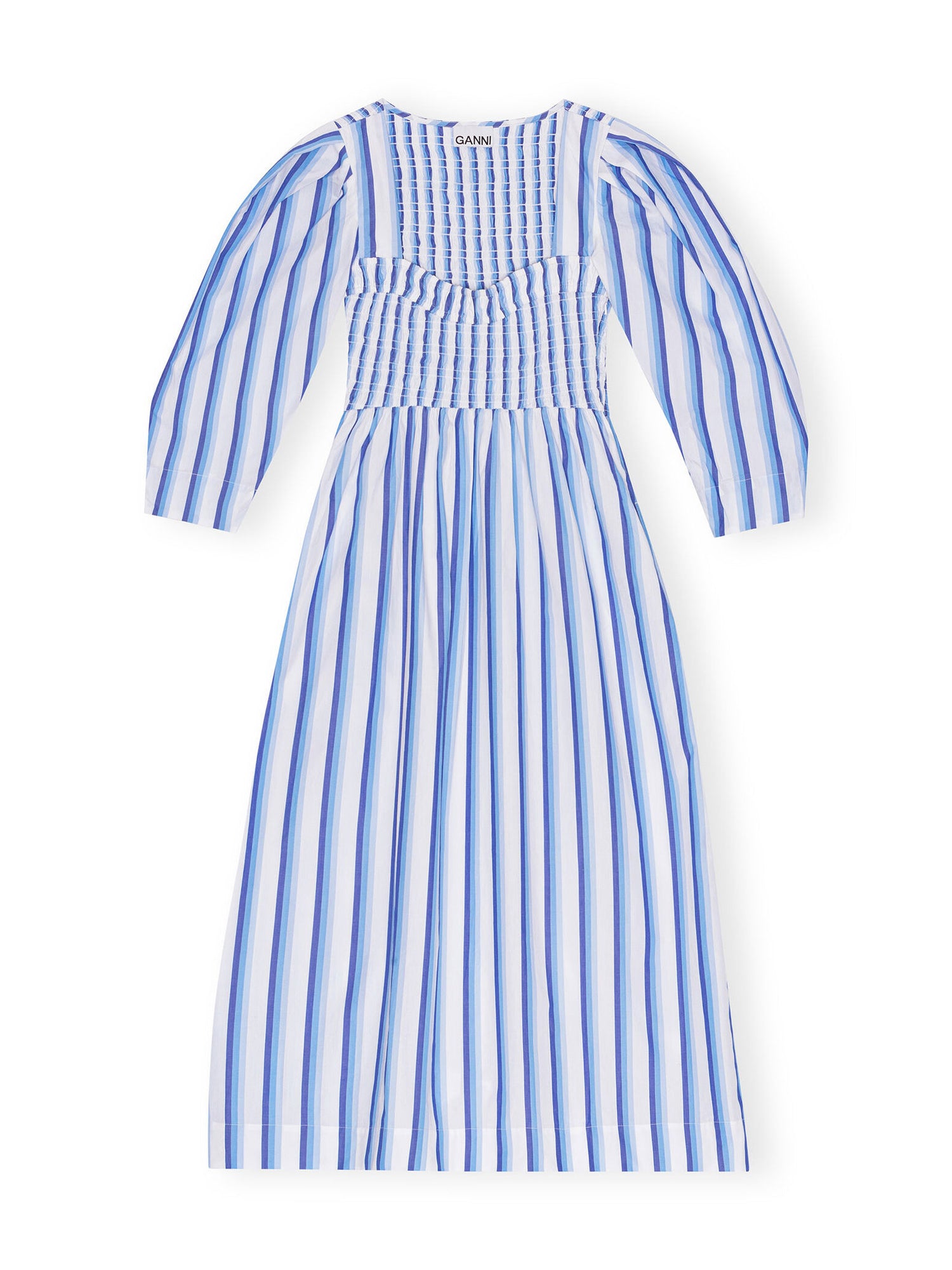 Stripe Cotton Open-neck Smock Long Dress, white-blue