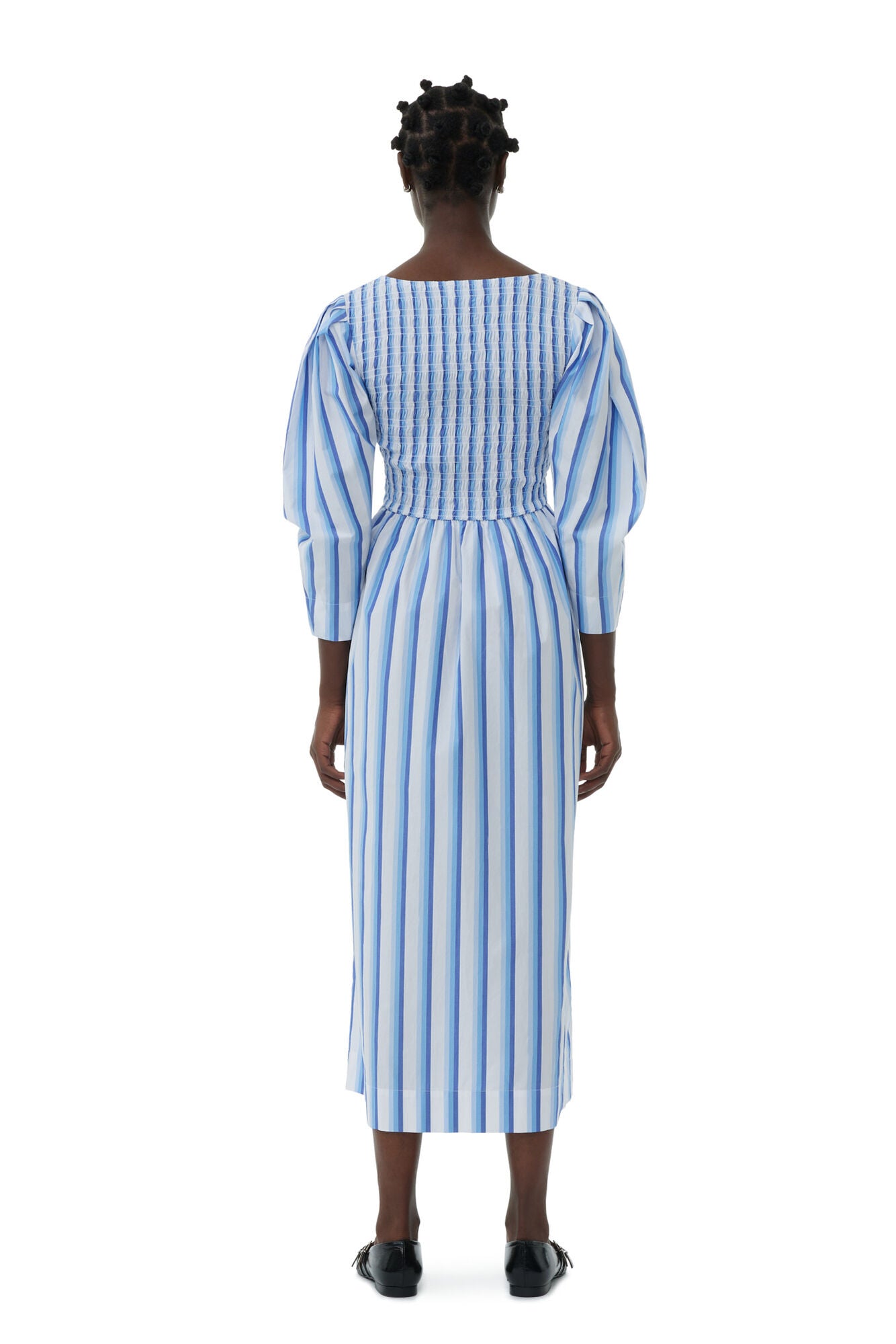 Stripe Cotton Open-neck Smock Long Dress, white-blue