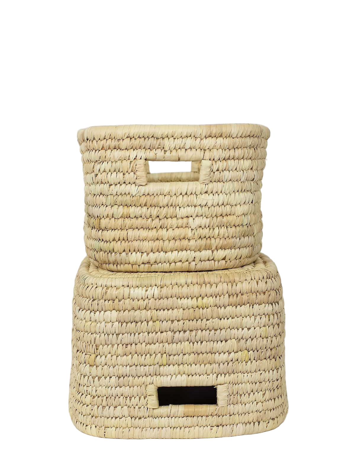 Woven storage basket with a handle on a white background