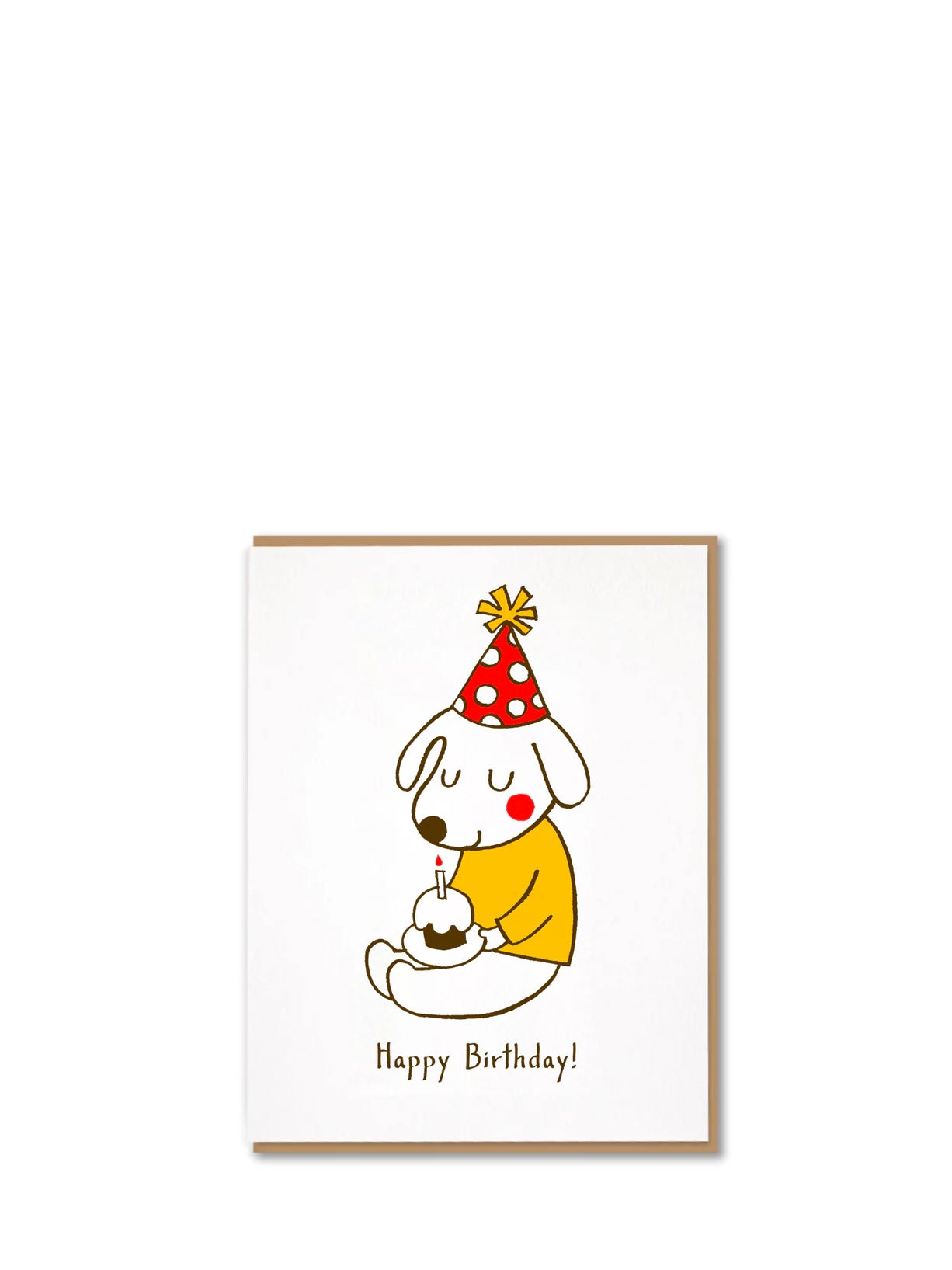 Illustration of a dog in a party hat with a cake, text 'Happy Birthday!' on a white background.