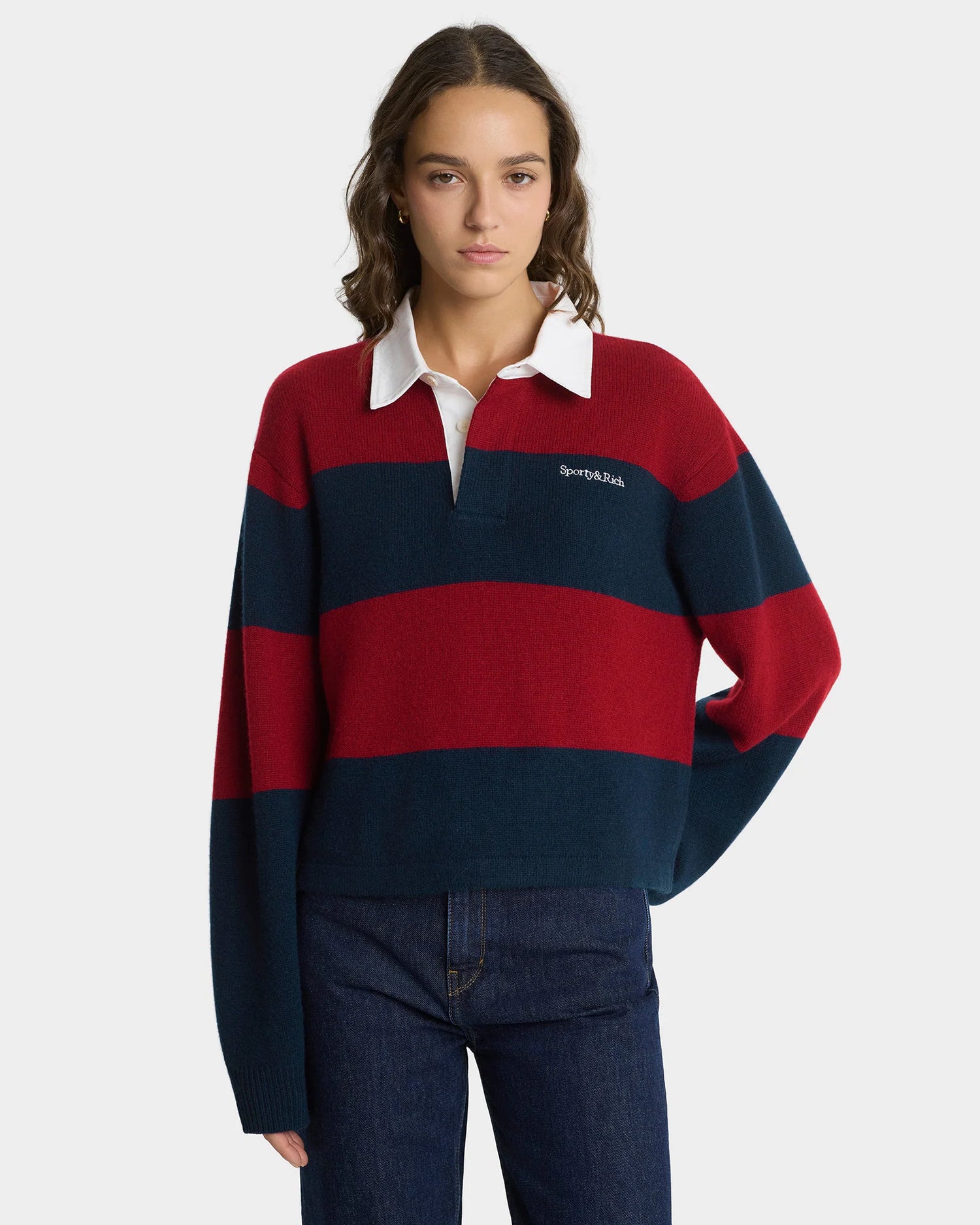 Serif logo cashmere rugby polo, merlot-navy