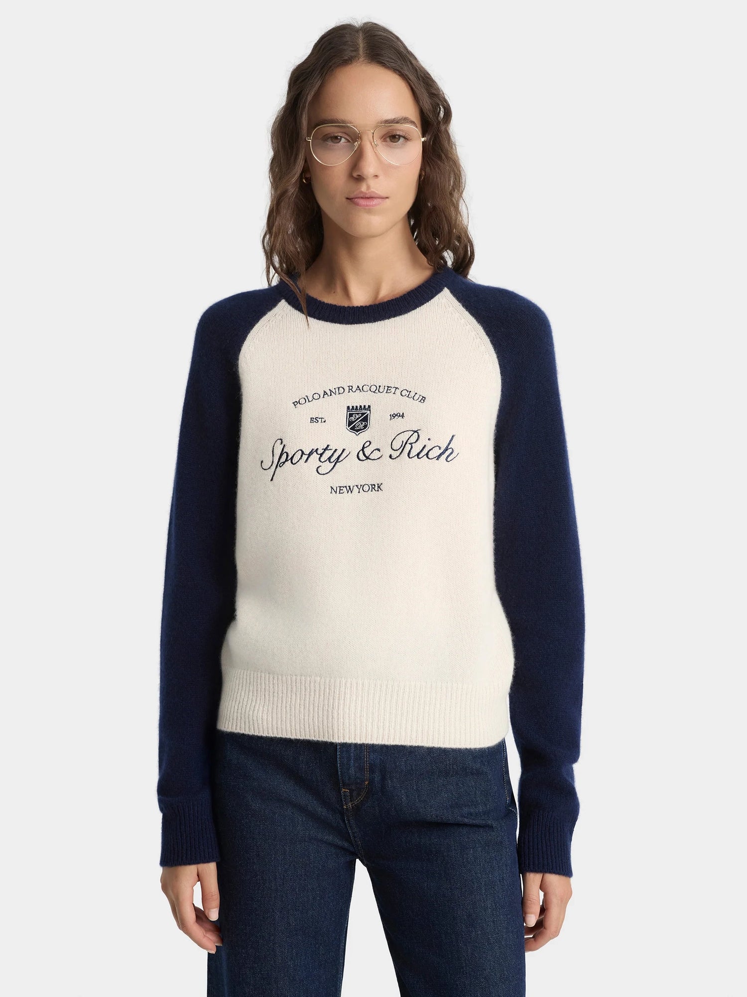 Syracuse cashmere baseball sweater, ecru-navy