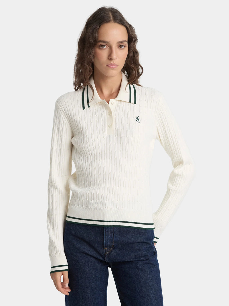 SRC mini cable long-sleeve knitted polo, ecru-forest green